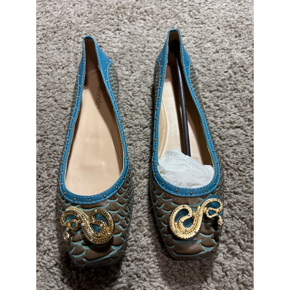 Biondini Flavia Ballet Flats Turquoise Brown Snake Emblem Square Toe Mens 7